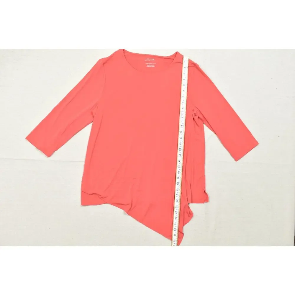 Chico's The Ultimate Tee Size 2 Coral Pink Asymmetrical Hem 3/4 Sleeve Top Polye